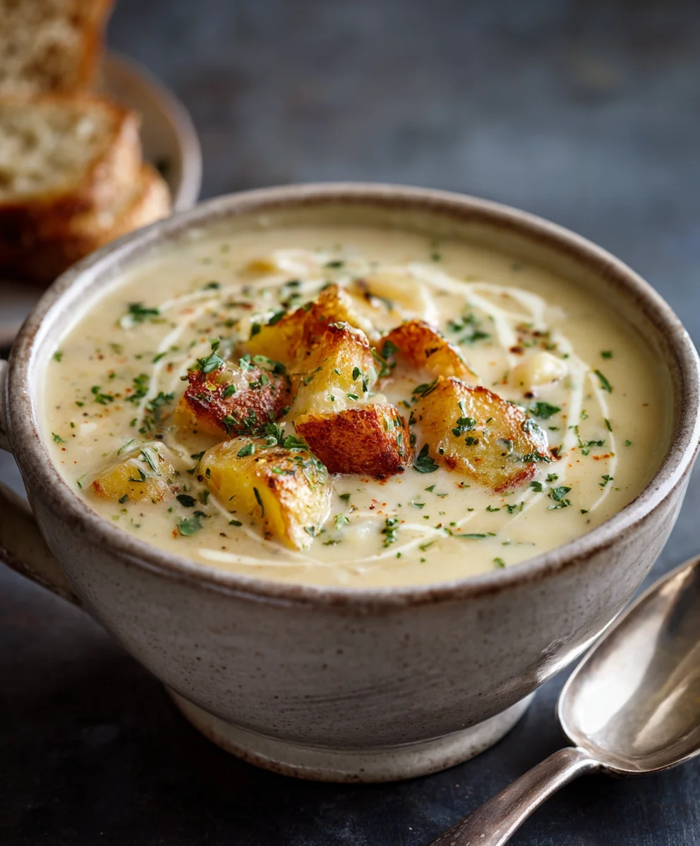 Delicious Hearty Cheddar Garlic Herb Potato Soup