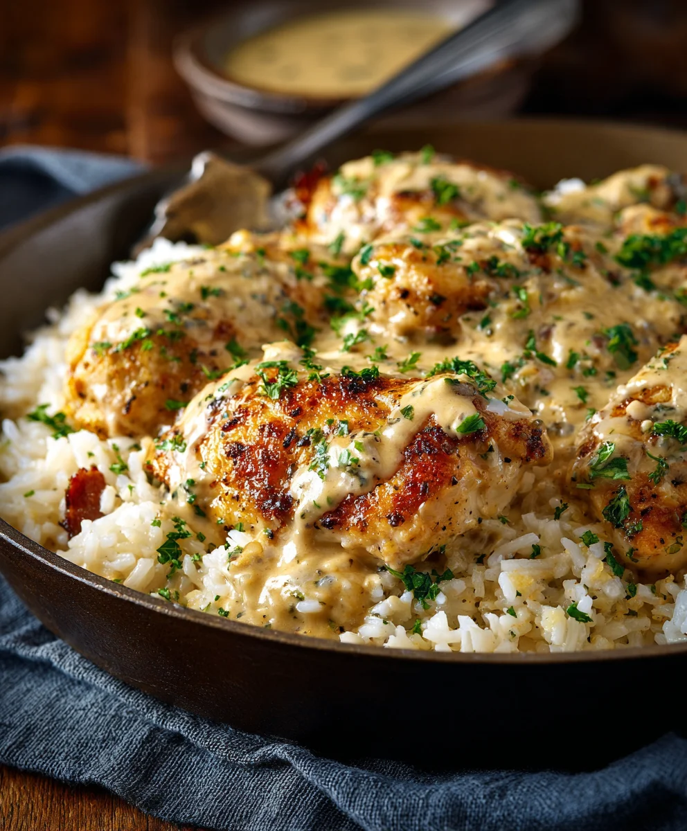 Easy Creamy Smothered Chicken And Rice Dinner Recipe