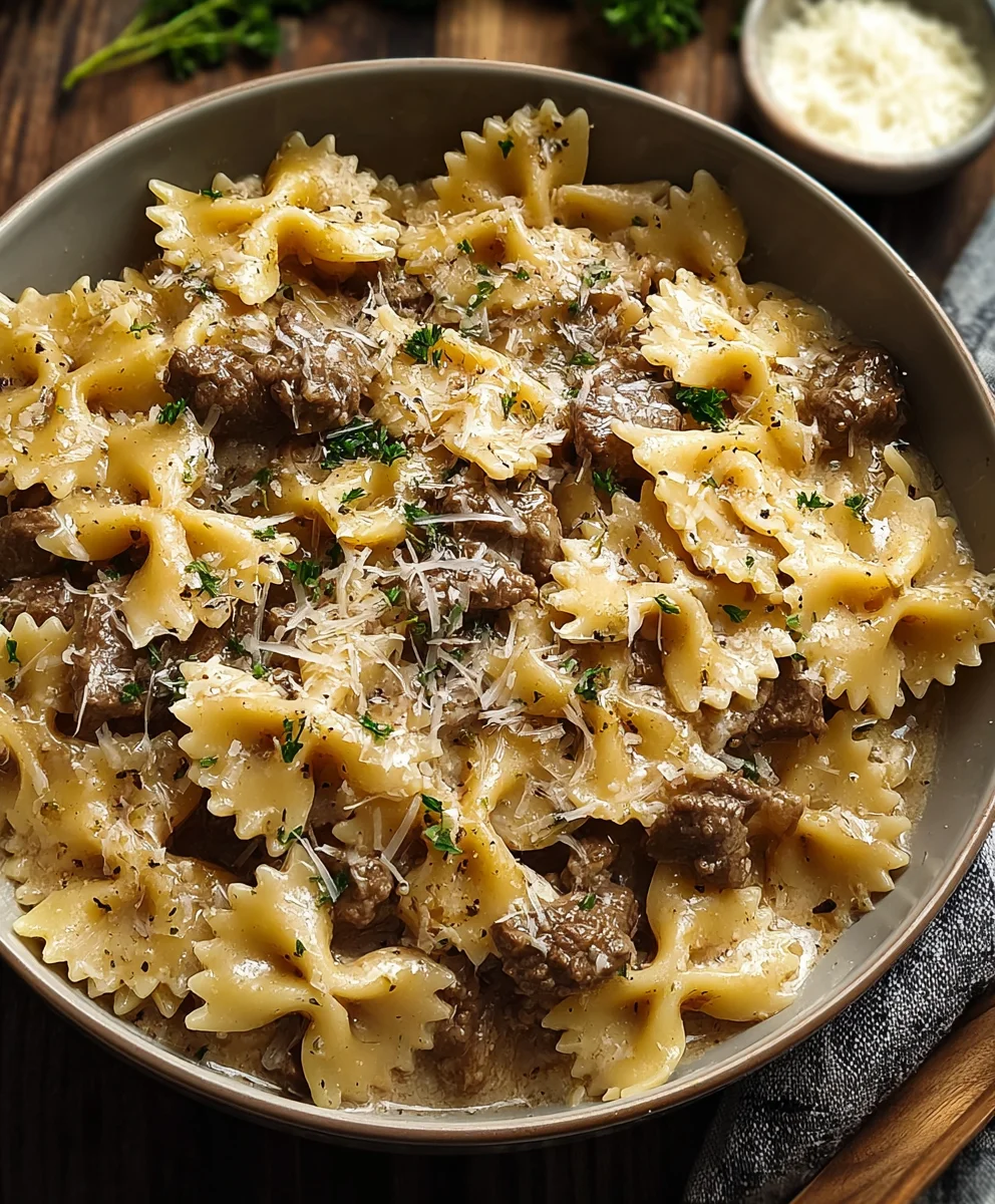 Creamy Parmesan Garlic Beef Bowtie Pasta Recipe