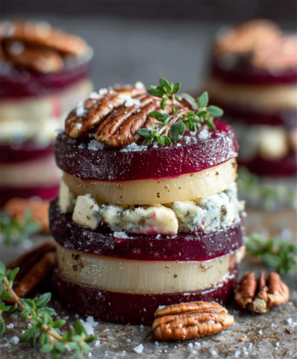 Gourmet Beet Pear Blue Cheese Stacks with Crunchy Pecans