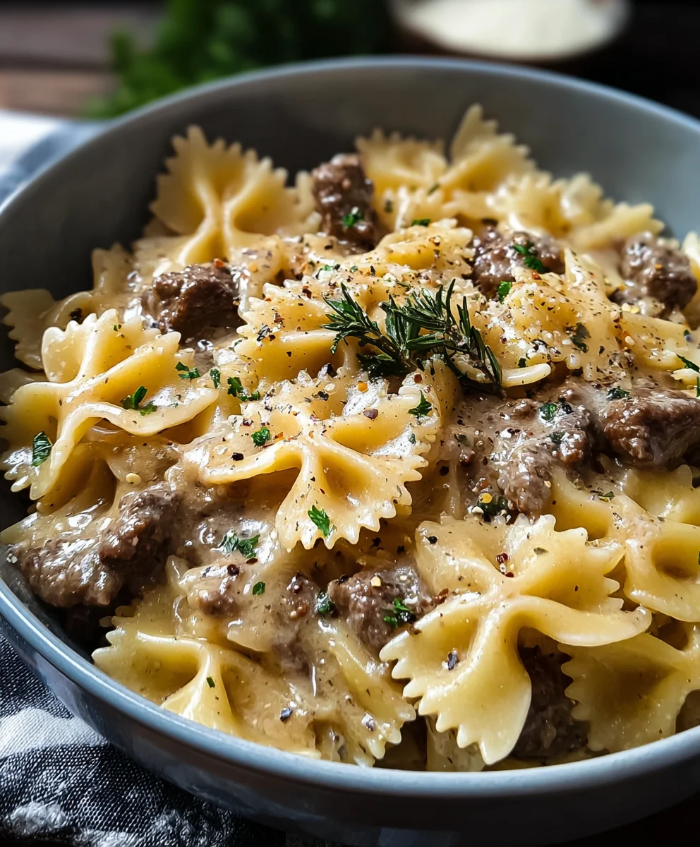 Creamy Parmesan Garlic Beef Bowtie Pasta Recipe