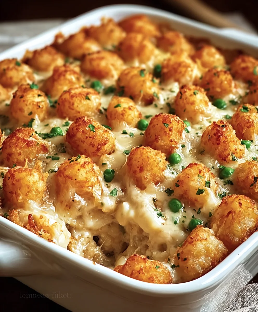 Creamy Beef Alfredo Tater Tot Casserole- Easy Dinner