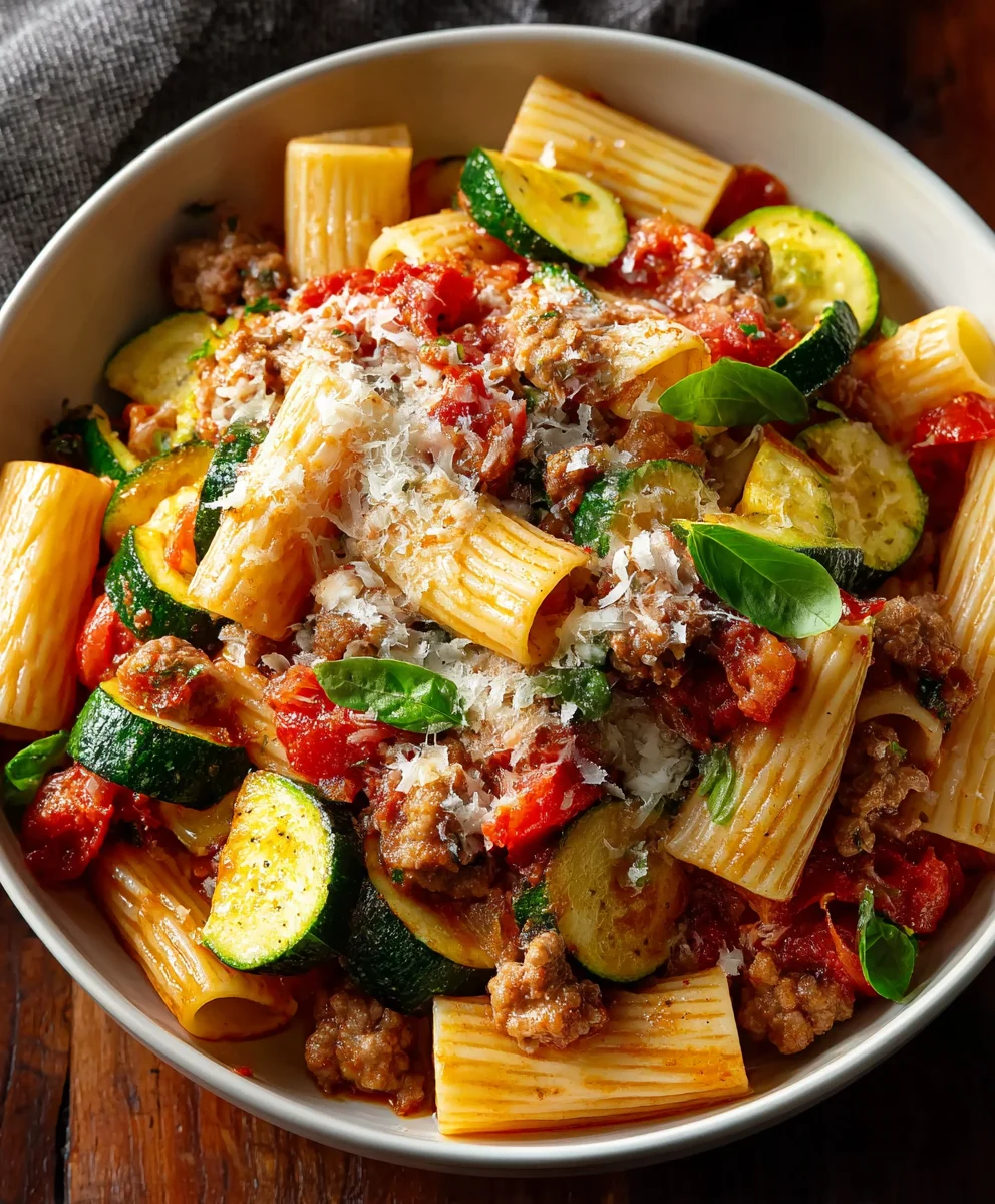 Rigatoni with Beef Sausage Tomato Zucchini