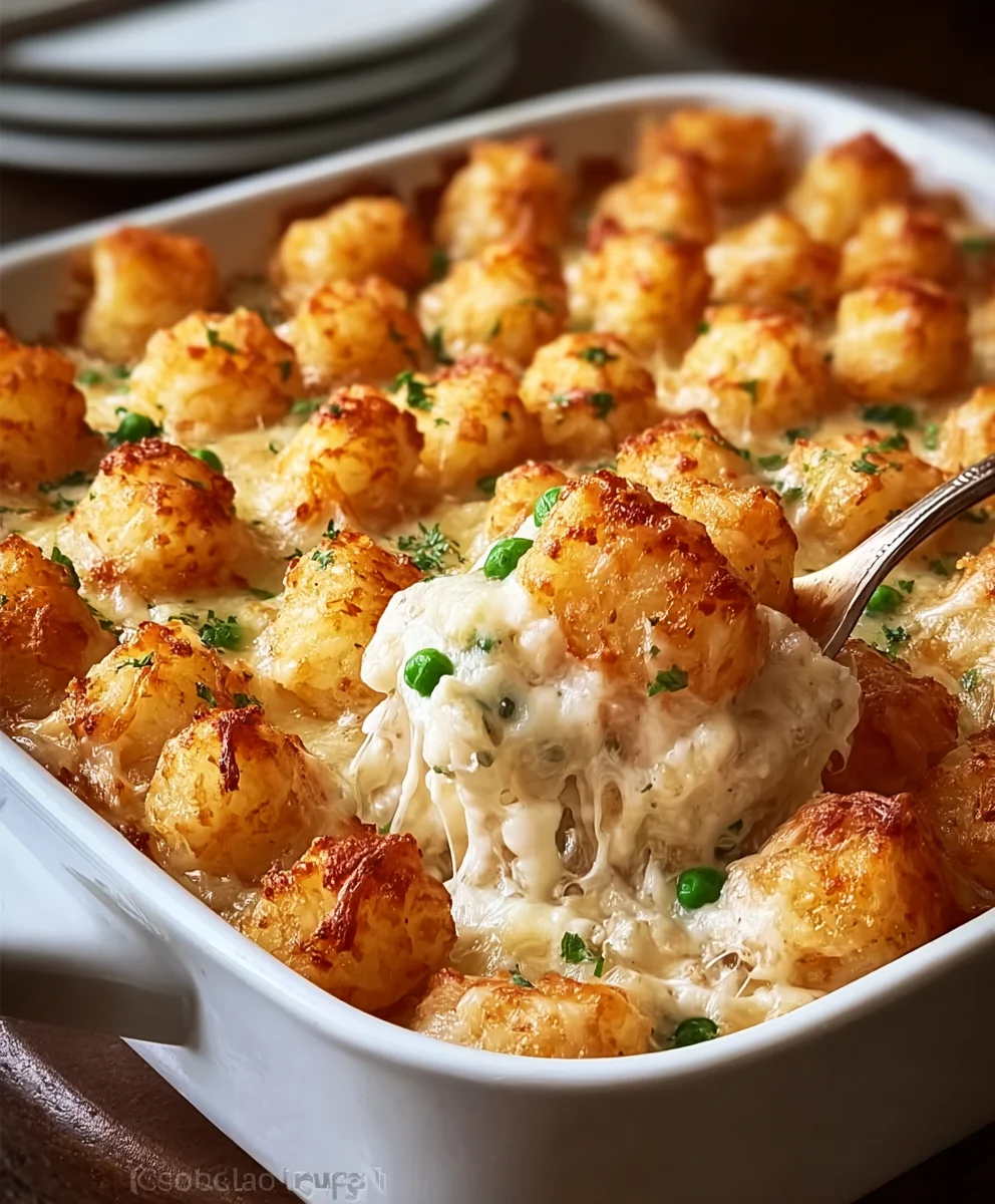 Creamy Beef Alfredo Tater Tot Casserole- Easy Dinner