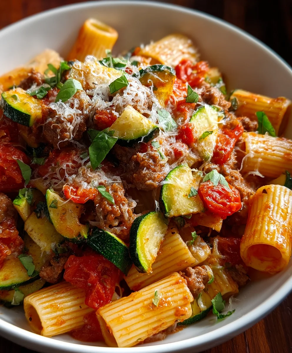 Rigatoni with Beef Sausage Tomato Zucchini