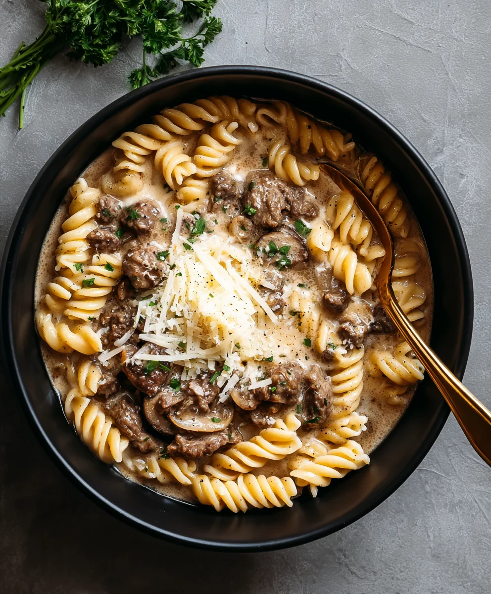 Slow Cooker Creamy Garlic Beef Pasta - Easy Dinner