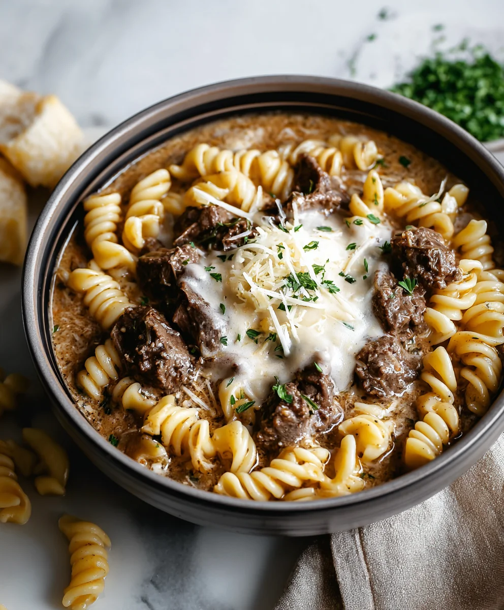 Slow Cooker Creamy Garlic Beef Pasta - Easy Dinner