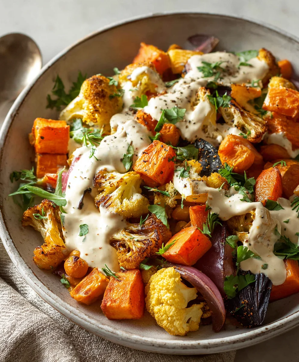 Glow Bowl Recipe-Roasted Veggie Tahini Yogurt Sauce