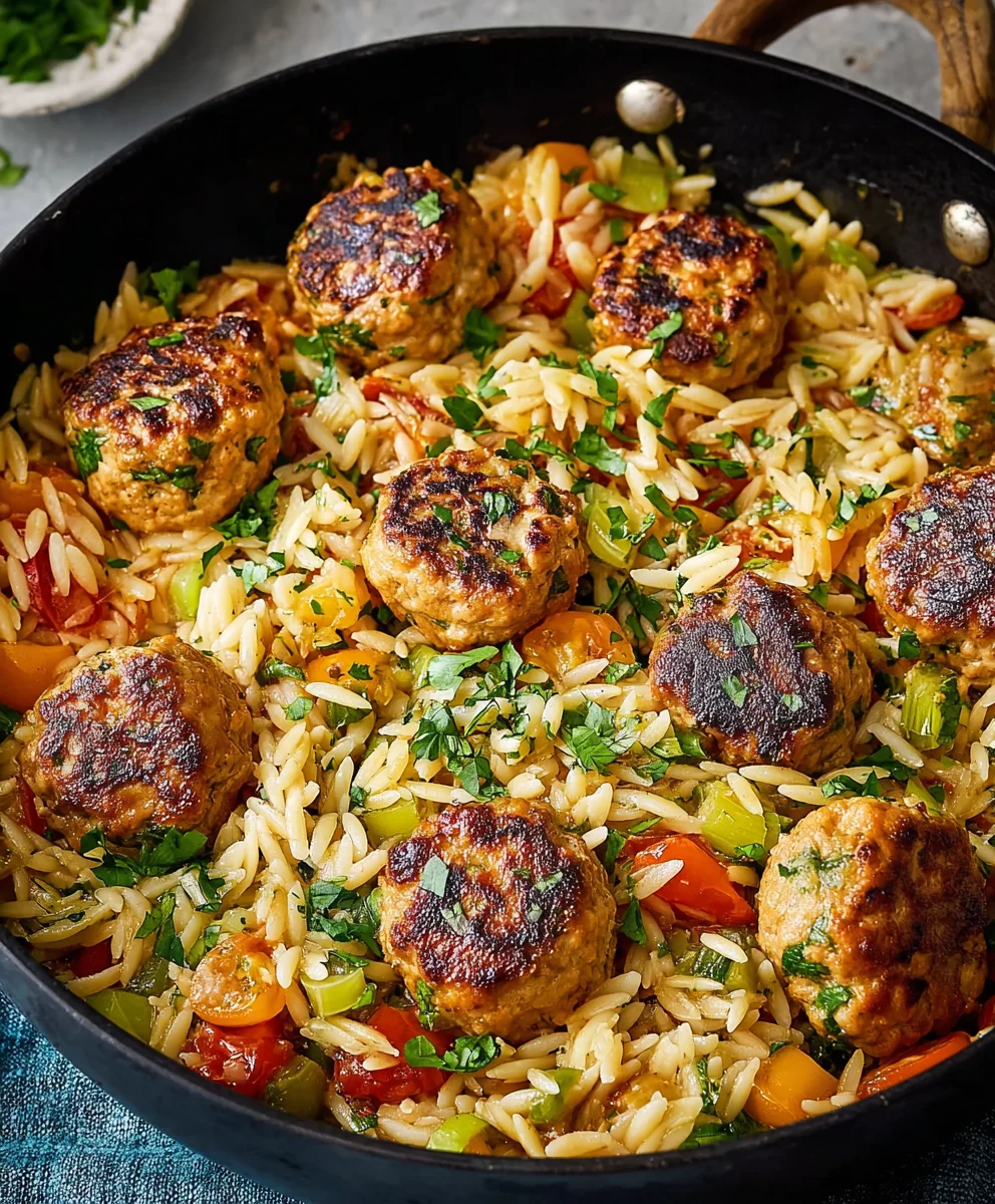 Easy One-Pan Chicken Meatballs Orzo Dinner