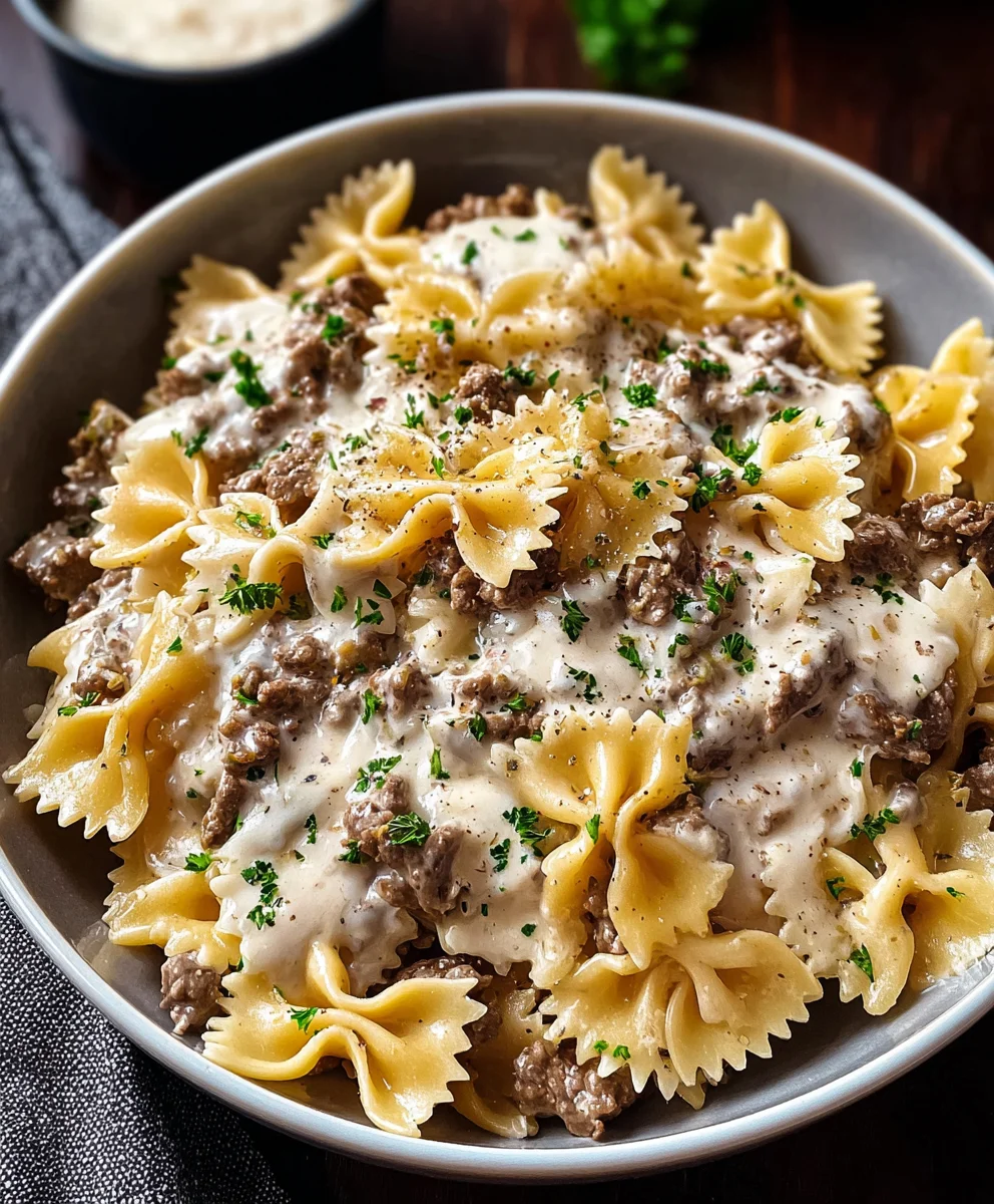 Beef Bowtie Pasta Alfredo Creamy Delicious Recipe