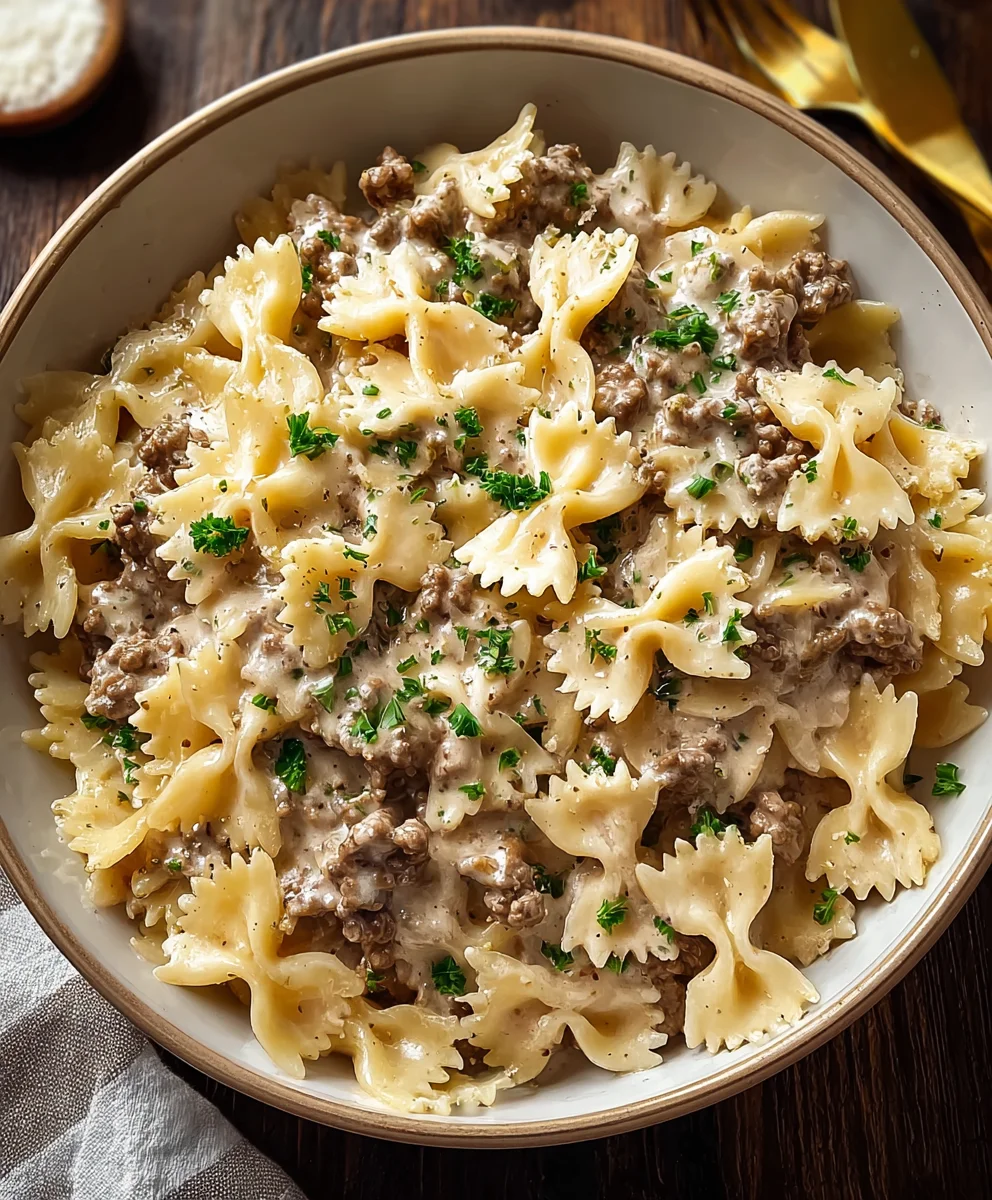Beef Bowtie Pasta Alfredo Creamy Delicious Recipe