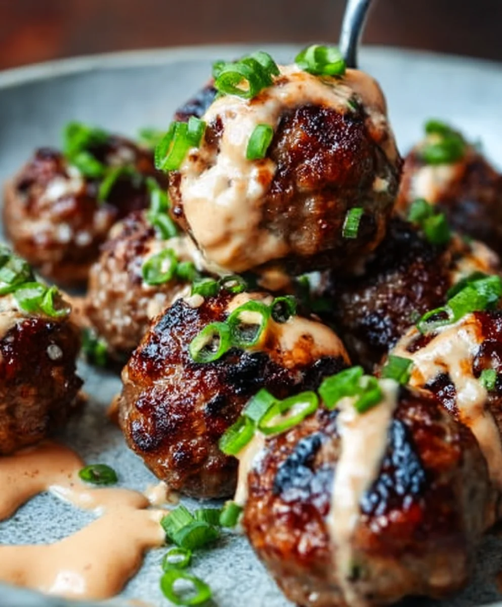 Korean BBQ Beef Meatballs Spicy Mayo Dip