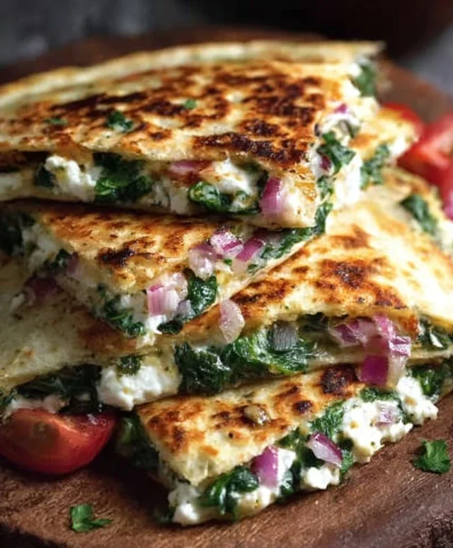 Mediterranean Quesadillas with Spinach, Feta, Mozzarella, and Red Onion