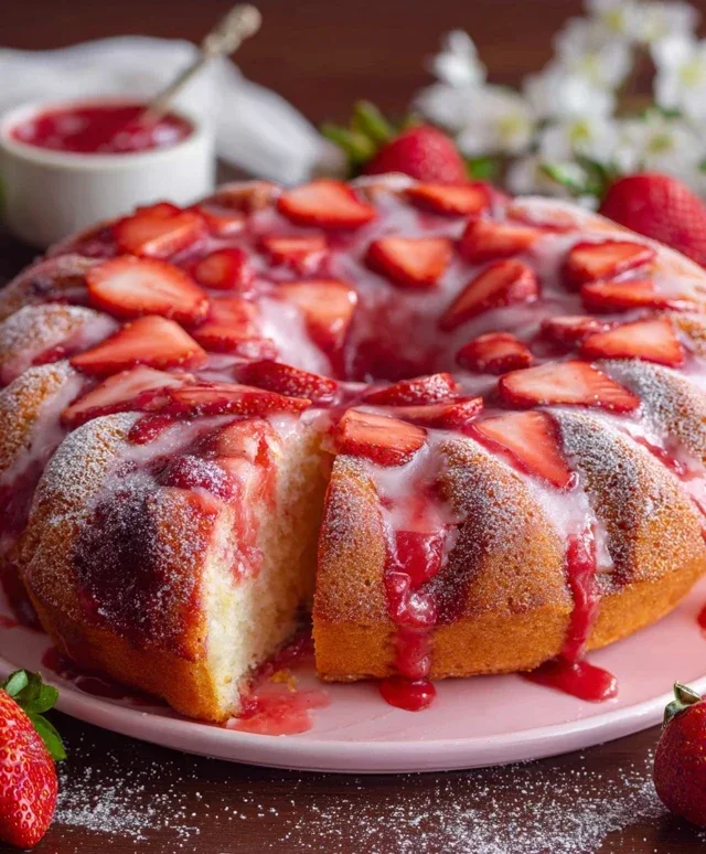 Easy Strawberry Cake with Strawberry Sauce