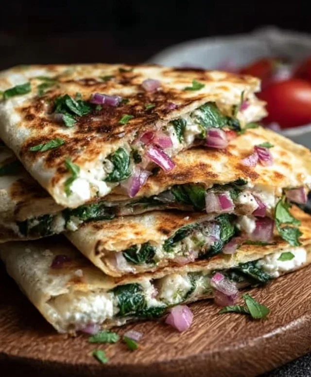Mediterranean Quesadillas with Spinach, Feta, Mozzarella, and Red Onion