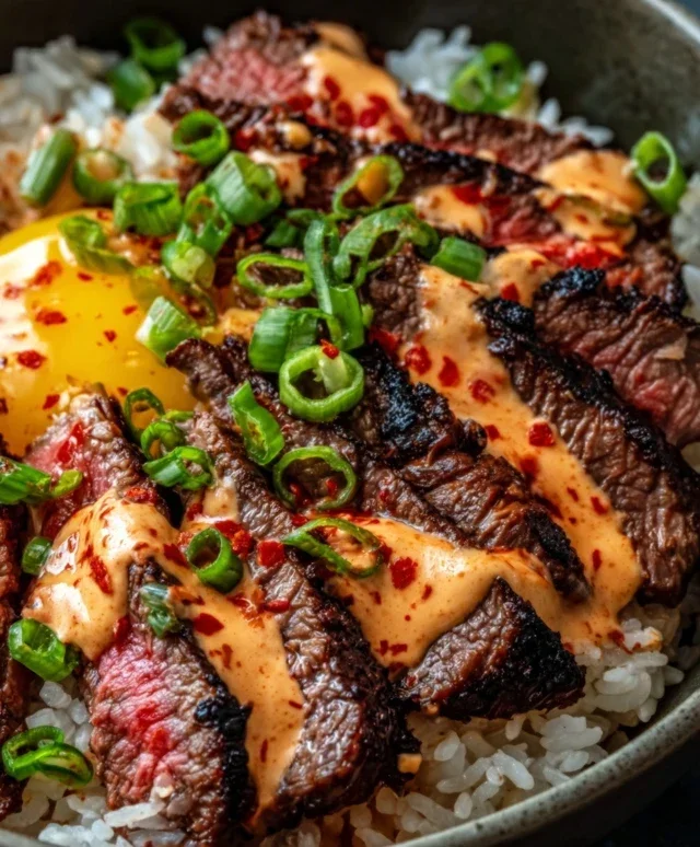 Korean BBQ Steak Rice Bowls with Spicy Cream Sauce
