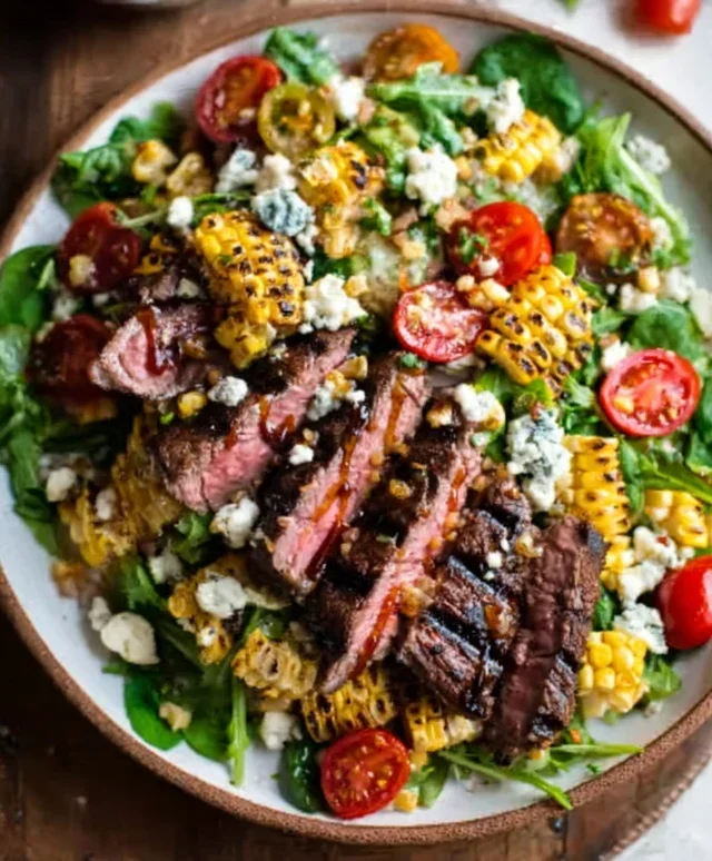 Balsamic Steak Gorgonzola Salad with Grilled Corn