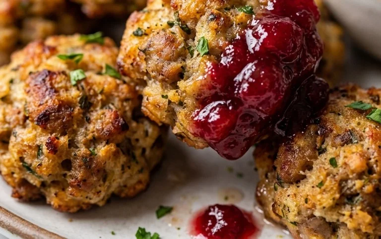 Sausage Stuffing Bites with Cranberry Dipping Sauce