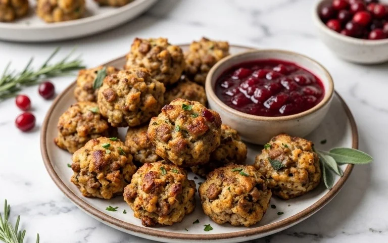 Sausage Stuffing Bites with Cranberry Dip